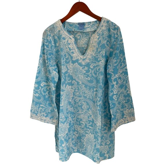 J. McLaughlin Tunic Silk Cotton Blue Paisley Lace Trim V-Neckline Size Large - Picture 1 of 8